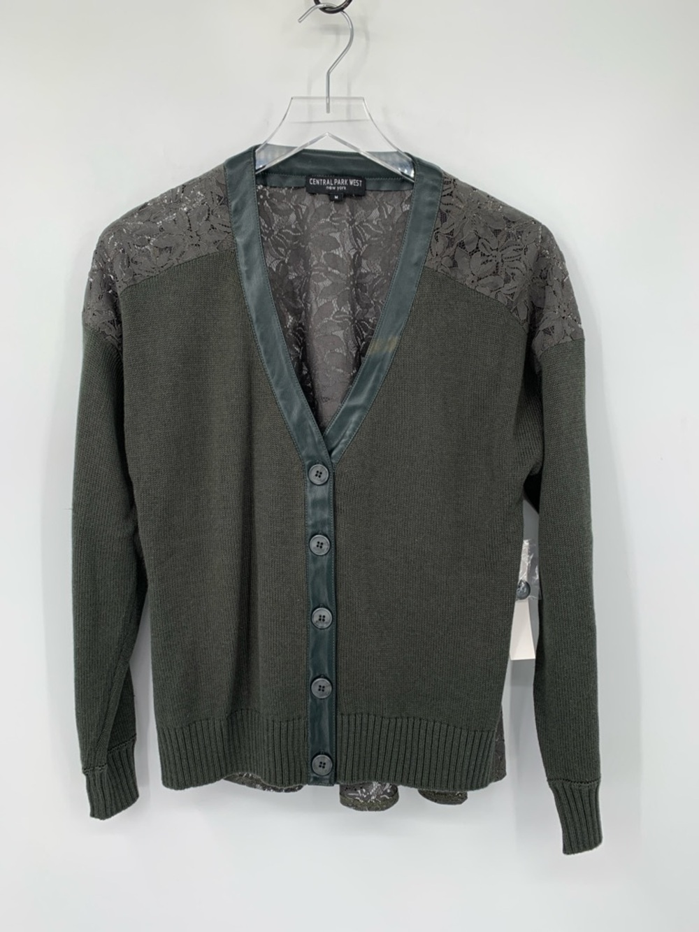Central Park West cardigan sweater green lace faux leather trim button new M